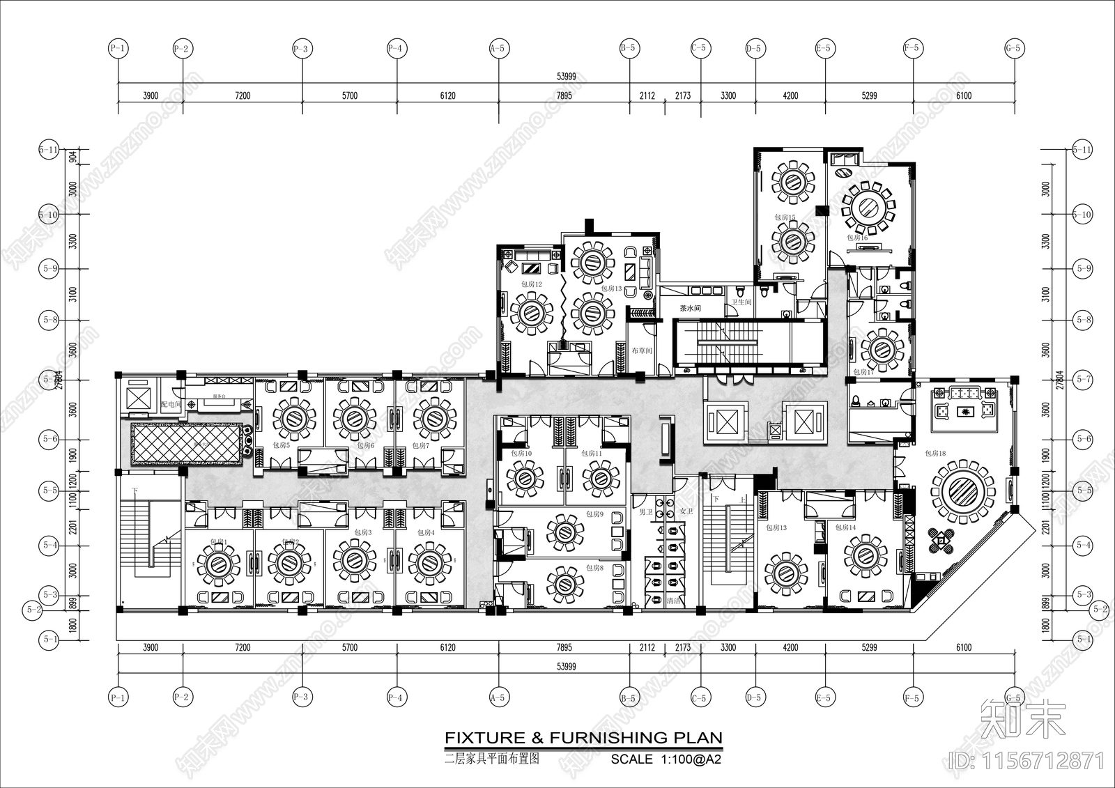 2000㎡海鲜大酒楼宴会厅平面布置图施工图下载【ID:1156712871】