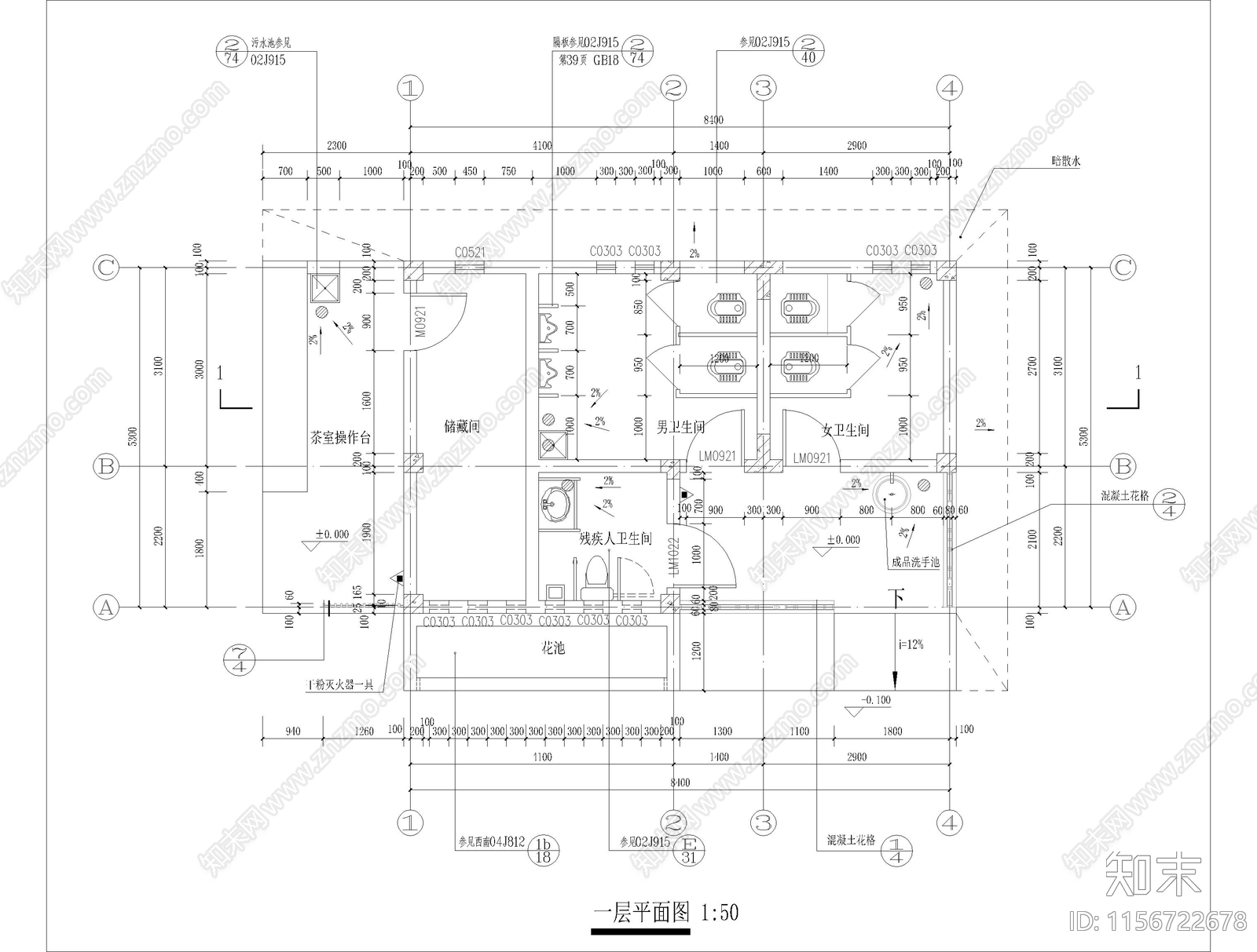 荷塘月色塘景公厕建筑结构给排水cad施工图下载【ID:1156722678】