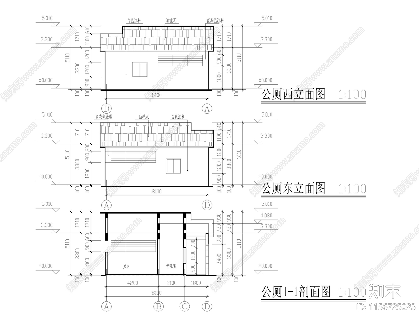 坡屋顶简约公厕cad施工图下载【ID:1156725023】