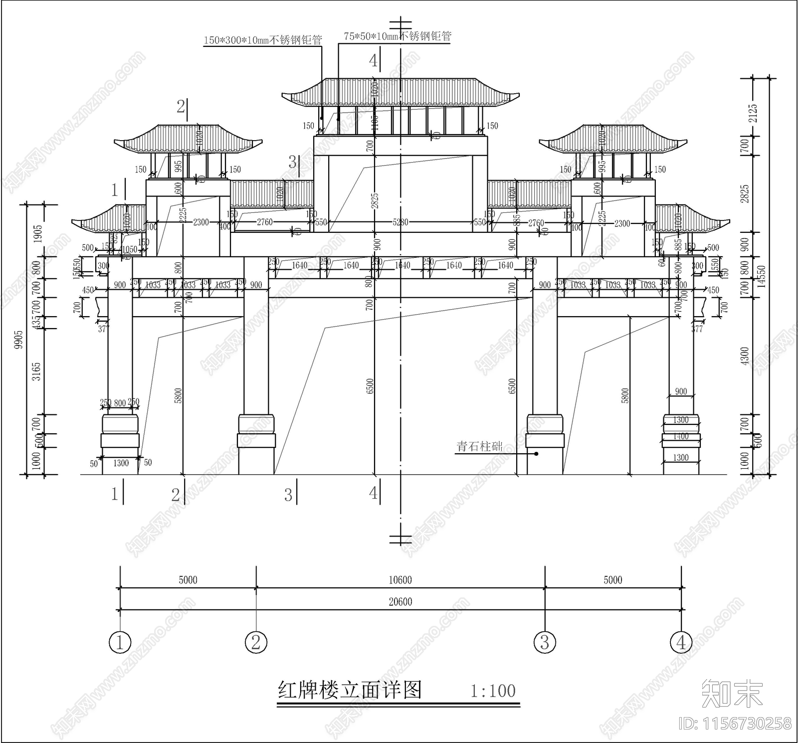 中式古建牌坊建筑设计cad施工图下载【ID:1156730258】