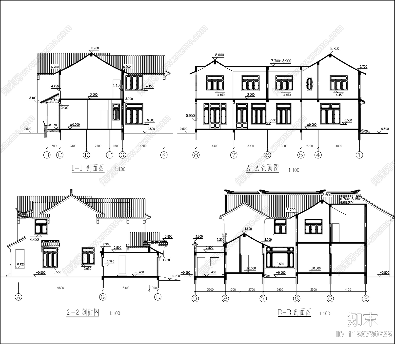 新中式苏式江南二层别墅建筑结构cad施工图下载【ID:1156730735】