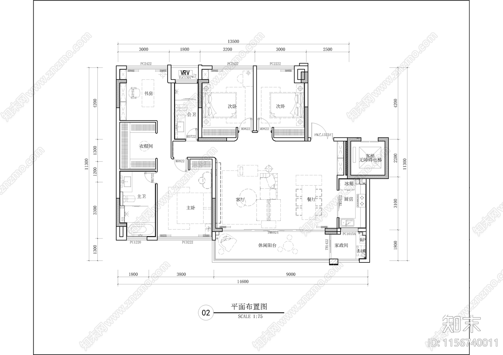 现代家居卧室cad施工图下载【ID:1156740011】