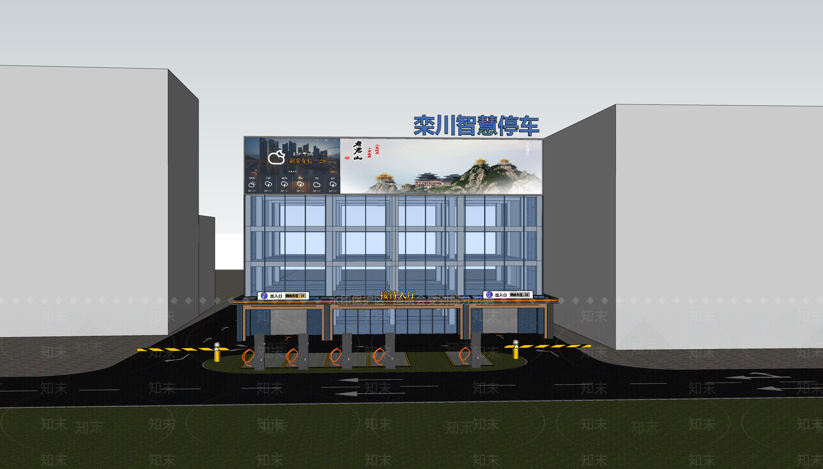 现代幕墙地面四层立体停车楼SU模型下载【ID:1156756471】