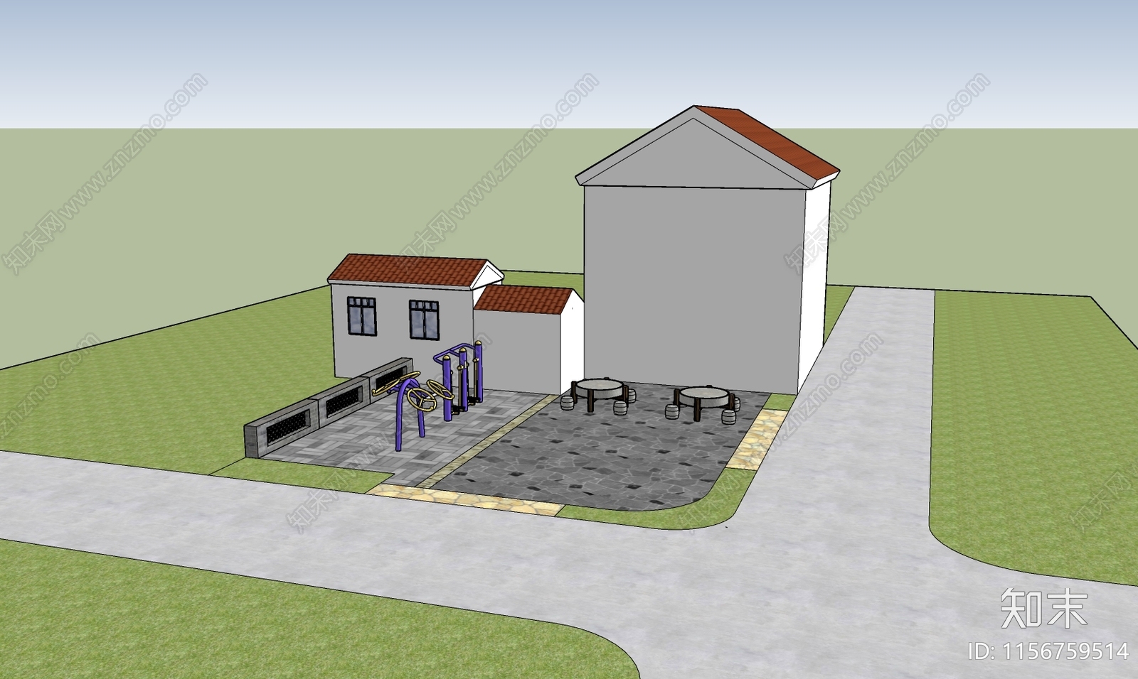 新中式乡村休闲广场SU模型下载【ID:1156759514】