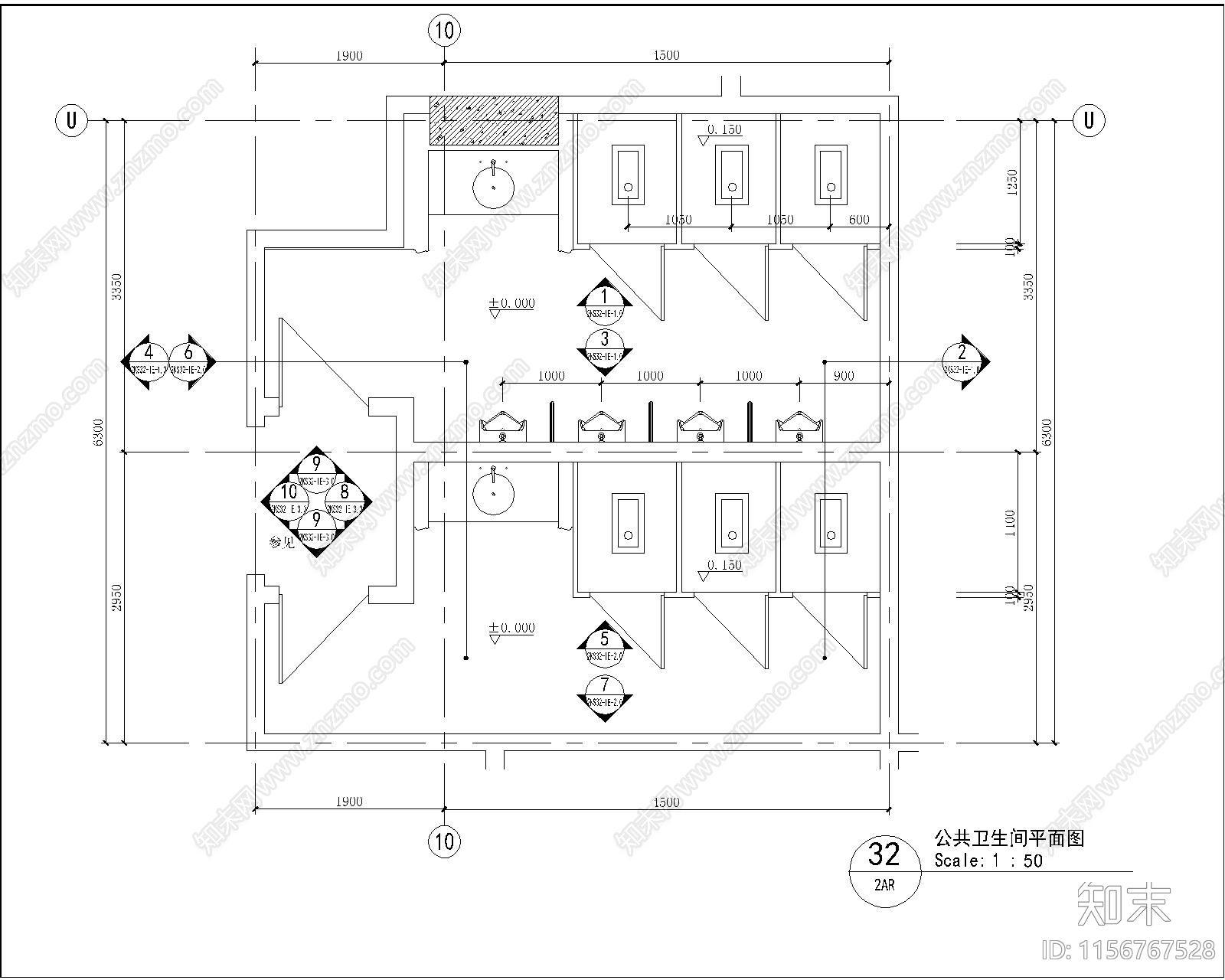 酒店宾馆公共卫生间cad施工图下载【ID:1156767528】