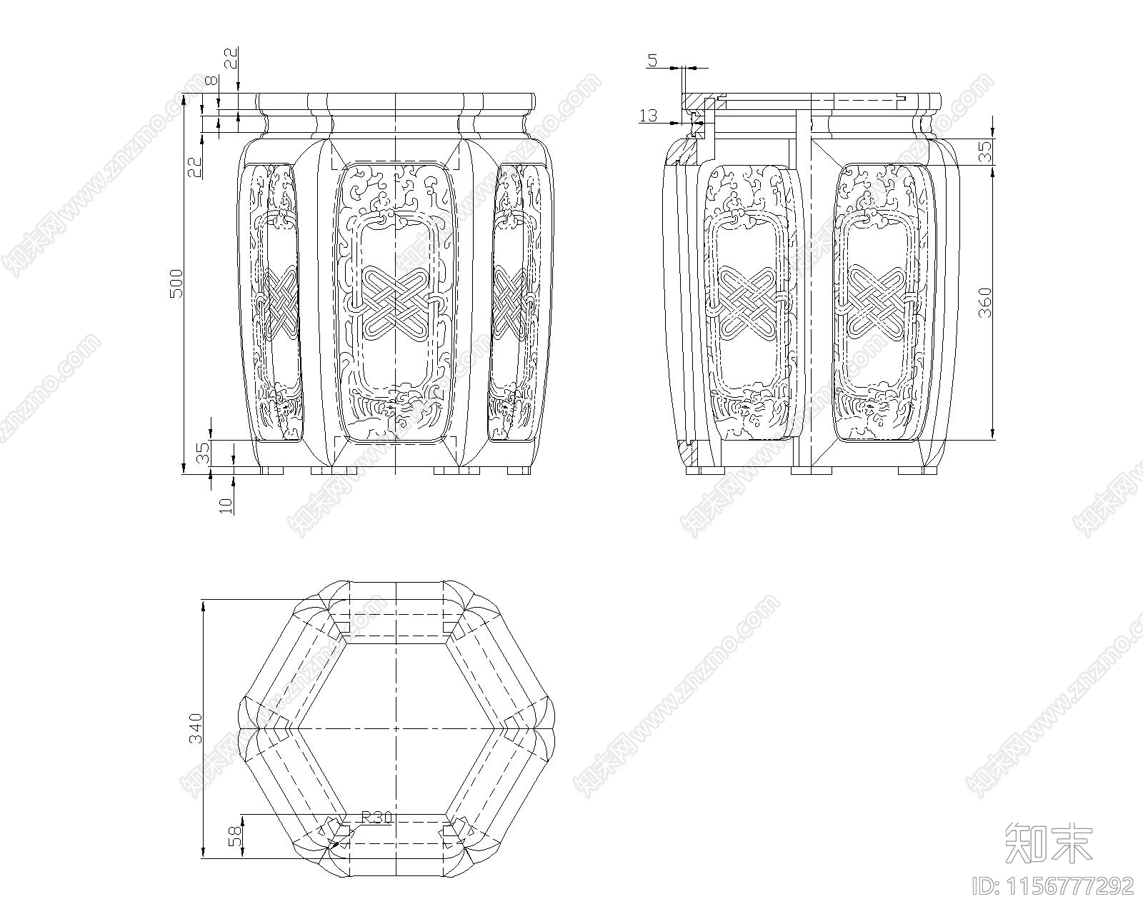 红木龙凤盘纹六方坐墩施工图下载【ID:1156777292】