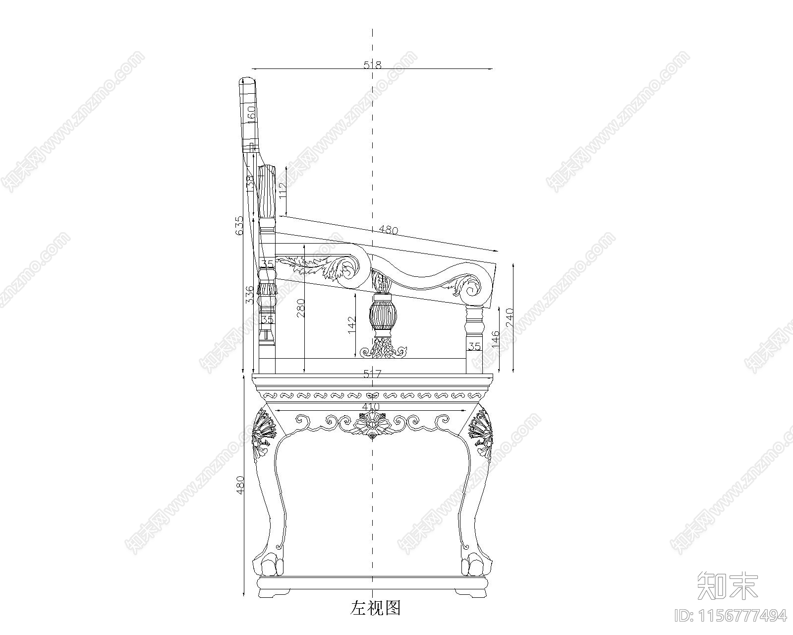 红木欧式花纹扶手椅cad施工图下载【ID:1156777494】
