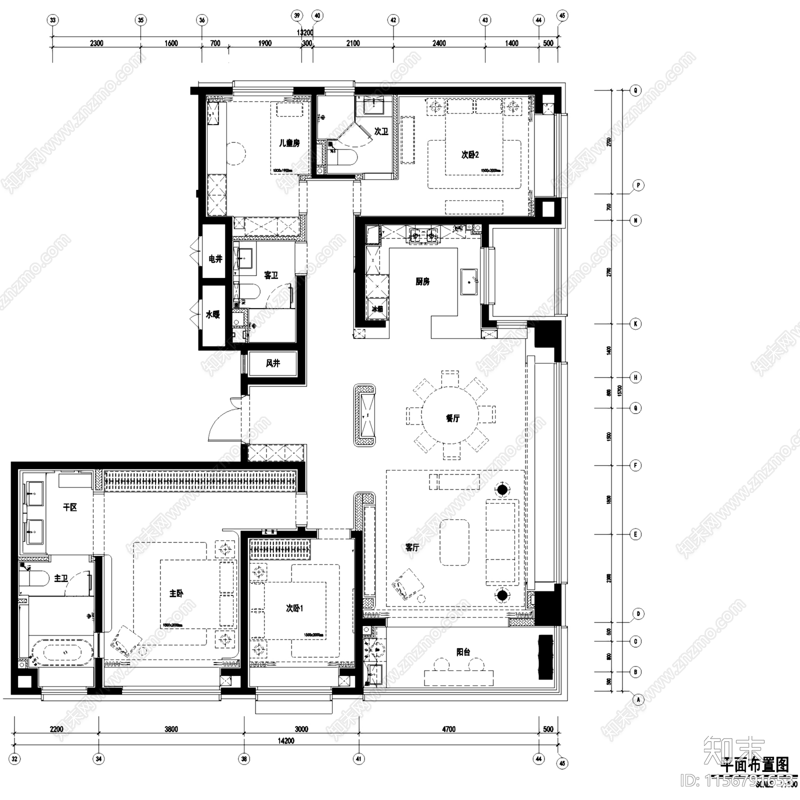 现代轻奢天煜时代淄博大平层无主灯室内家装cad施工图下载【ID:1156791653】