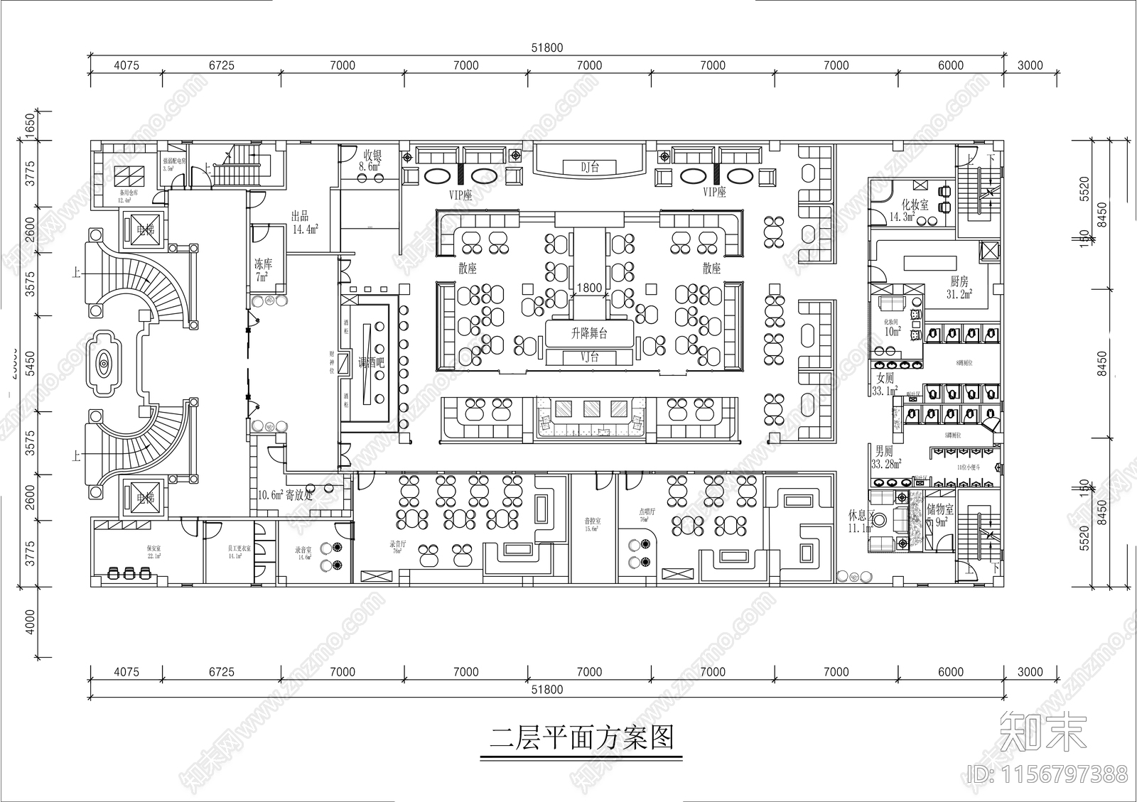 1000㎡时尚酒吧平面布置图施工图下载【ID:1156797388】