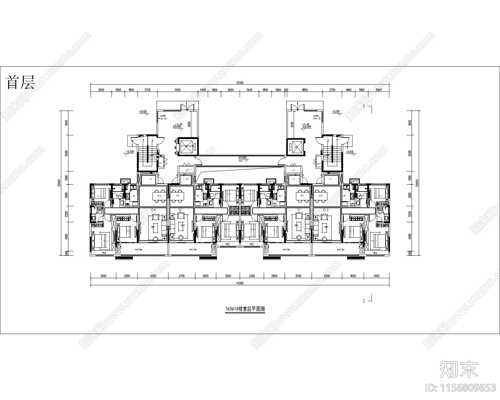 119拼136一梯四户一类高层全套图纸cad施工图下载【ID:1156809653】