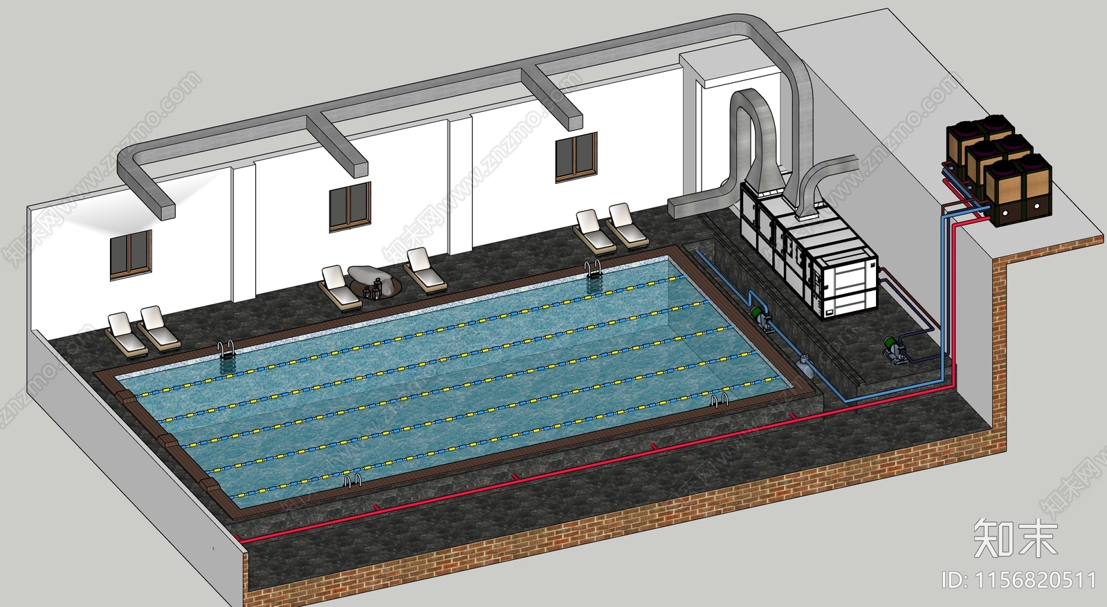 现代游泳馆游泳设施游泳系统SU模型下载【ID:1156820511】