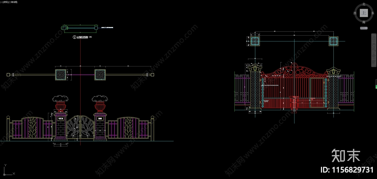 别墅庭院铁艺大门建筑围墙cad施工图下载【ID:1156829731】