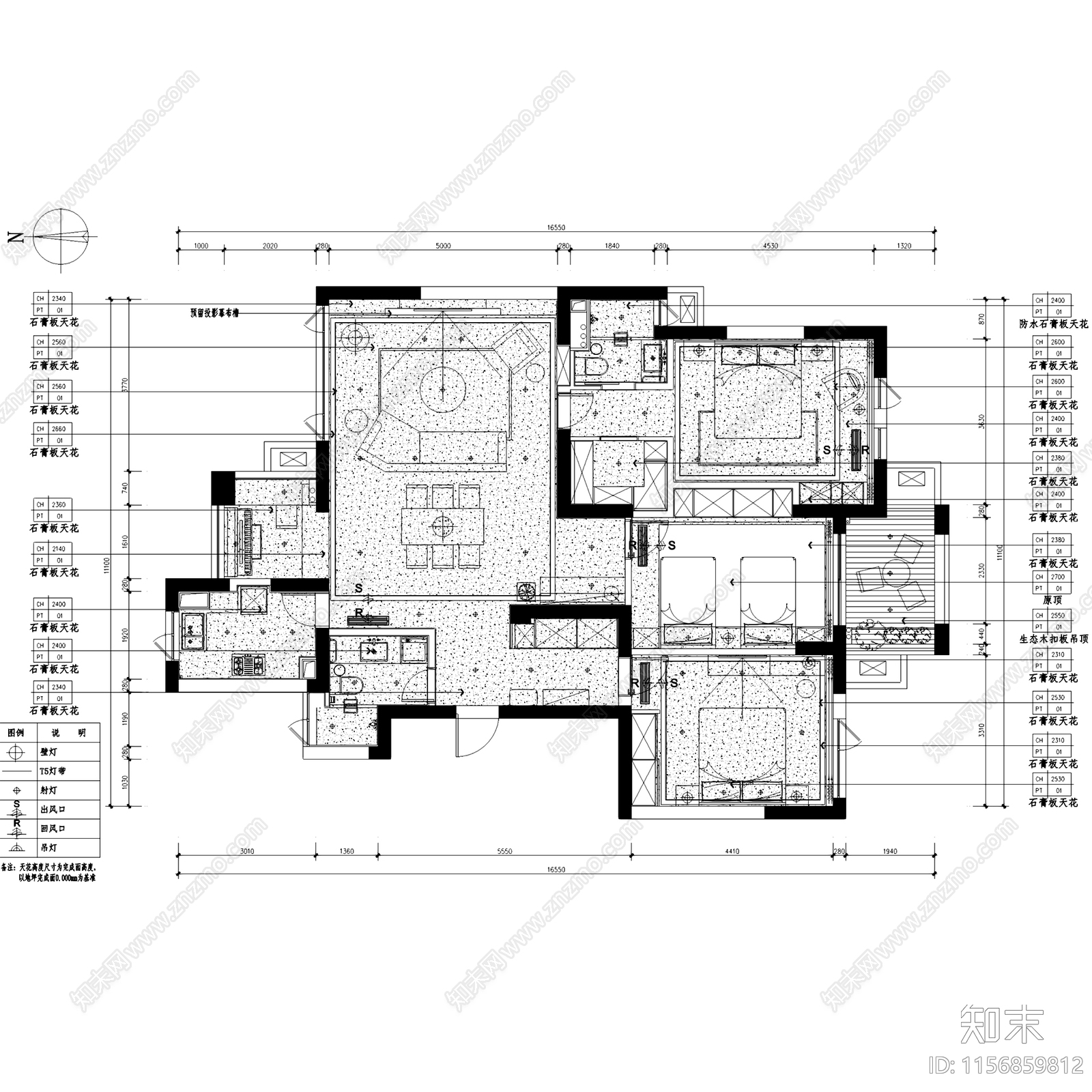 现代简约杭州白金海岸大平层无主灯室内家装cad施工图下载【ID:1156859812】