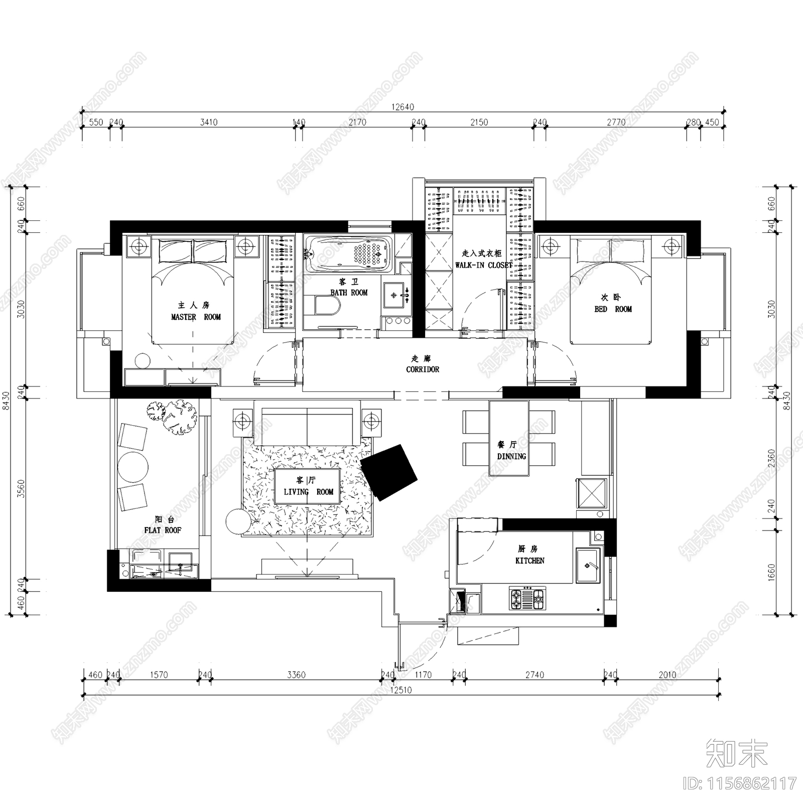 新中式现代杭州白马山庄平层无主灯室内家装cad施工图下载【ID:1156862117】