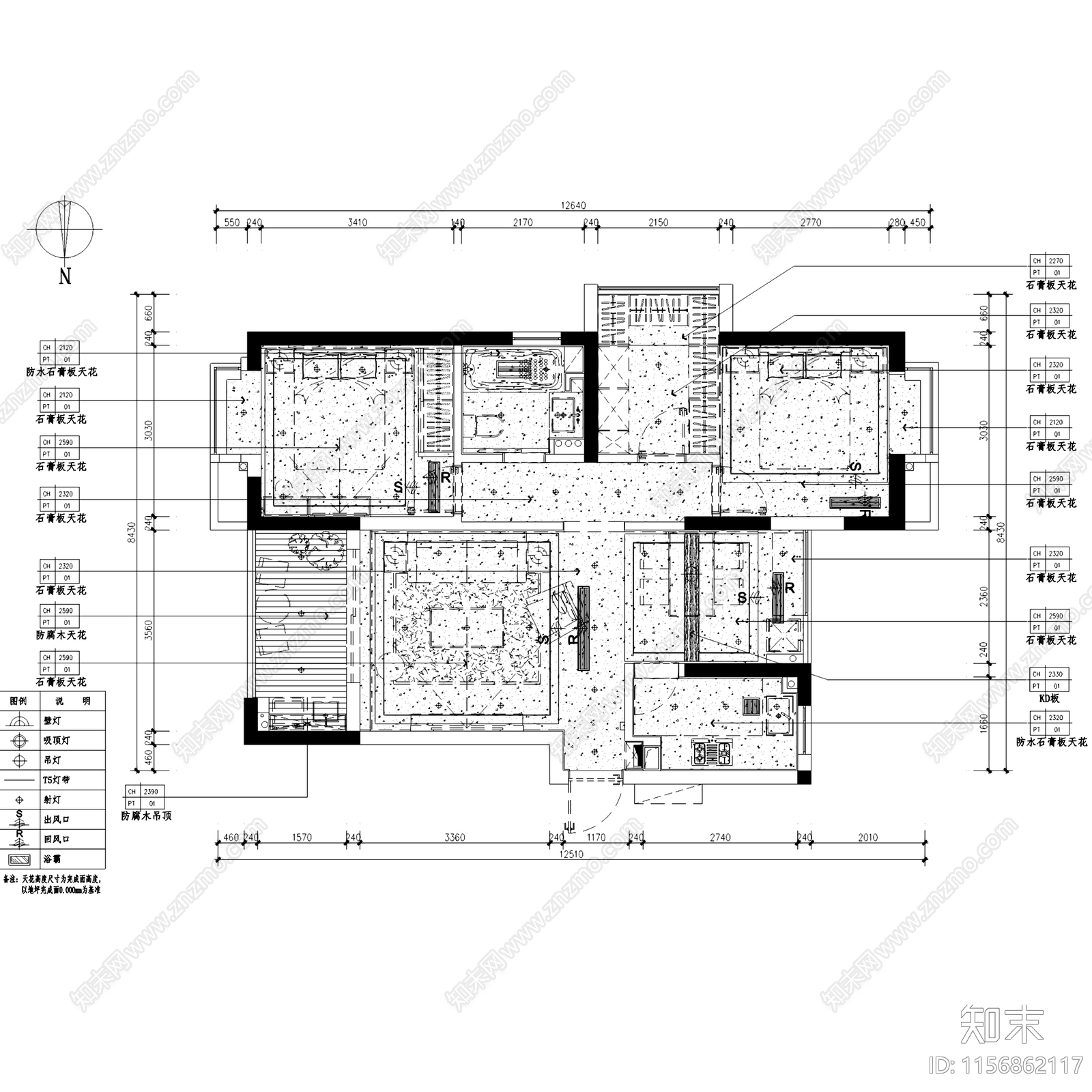 新中式现代杭州白马山庄平层无主灯室内家装cad施工图下载【ID:1156862117】