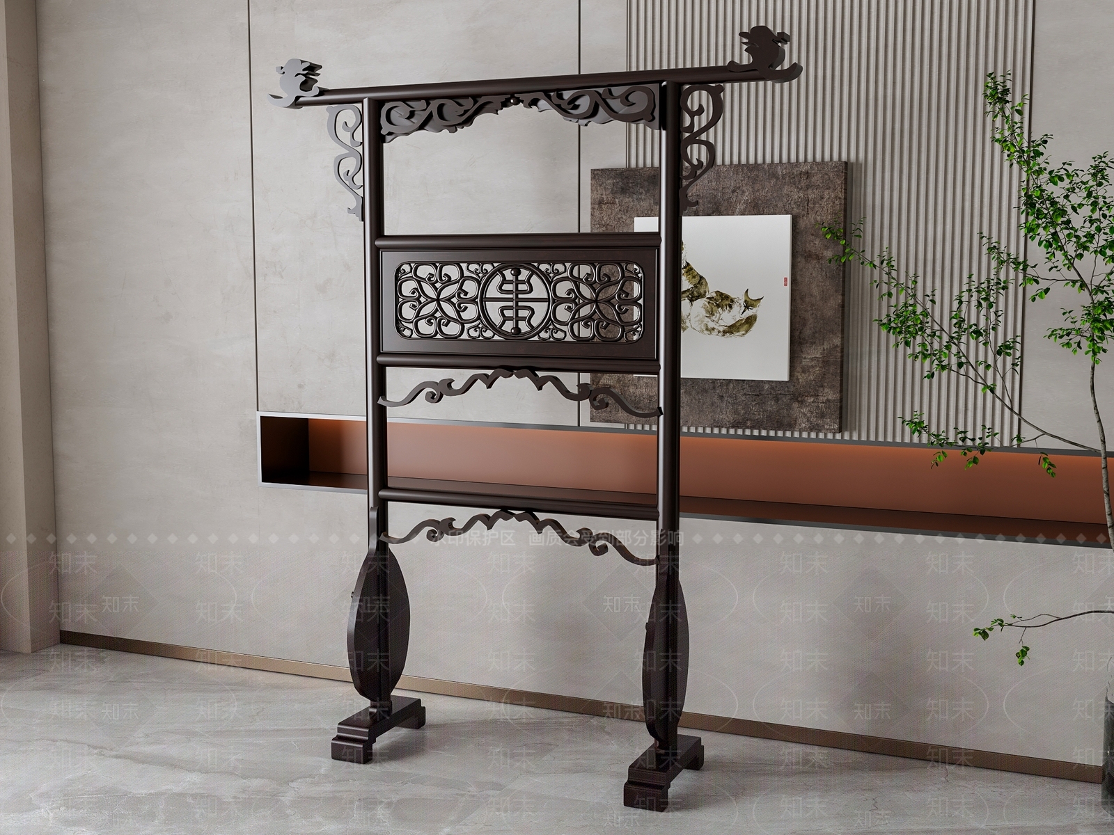 中式实木雕花落地式衣架SU模型下载【ID:1156862018】