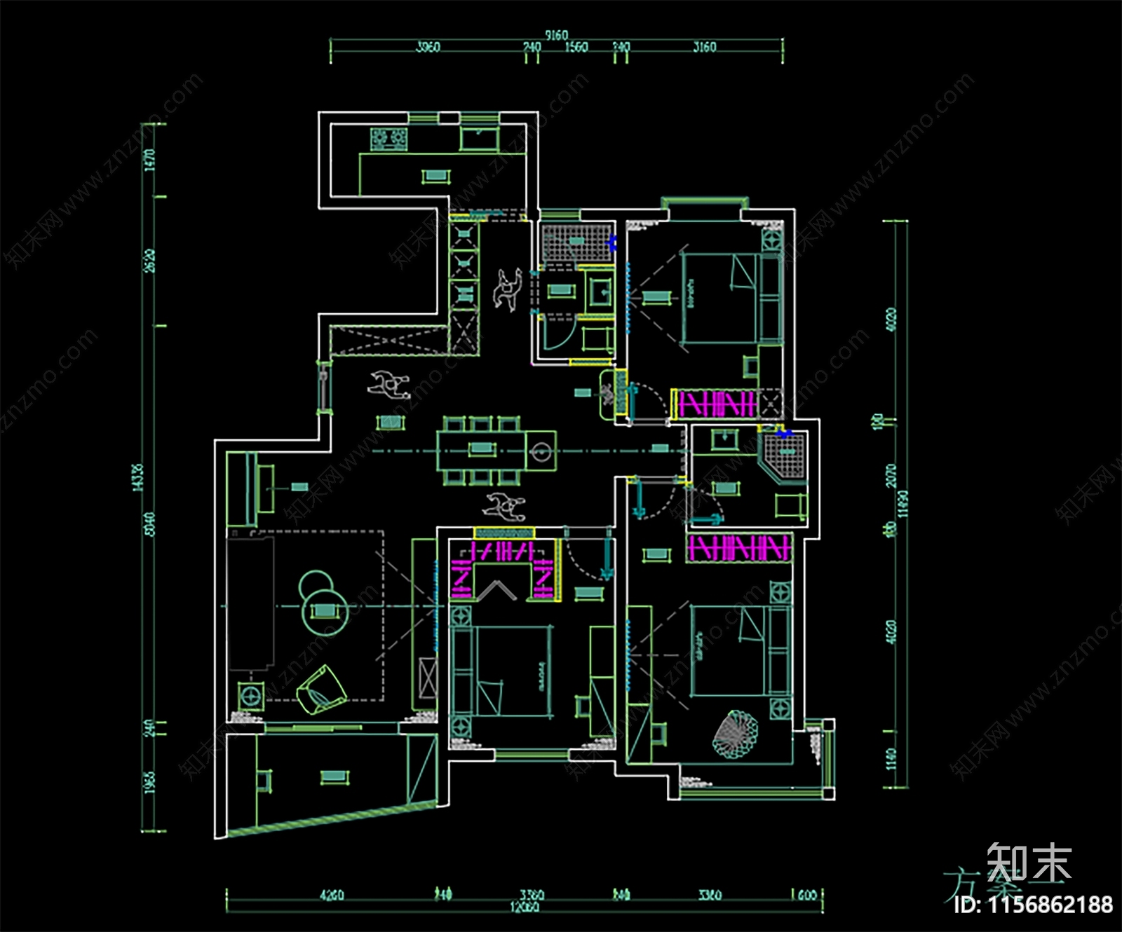 大三房方案案例cad施工图下载【ID:1156862188】