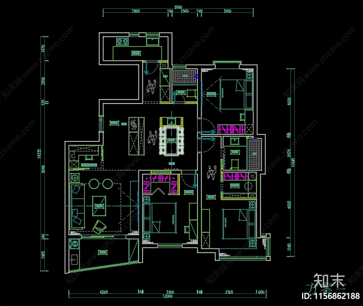 大三房方案案例cad施工图下载【ID:1156862188】