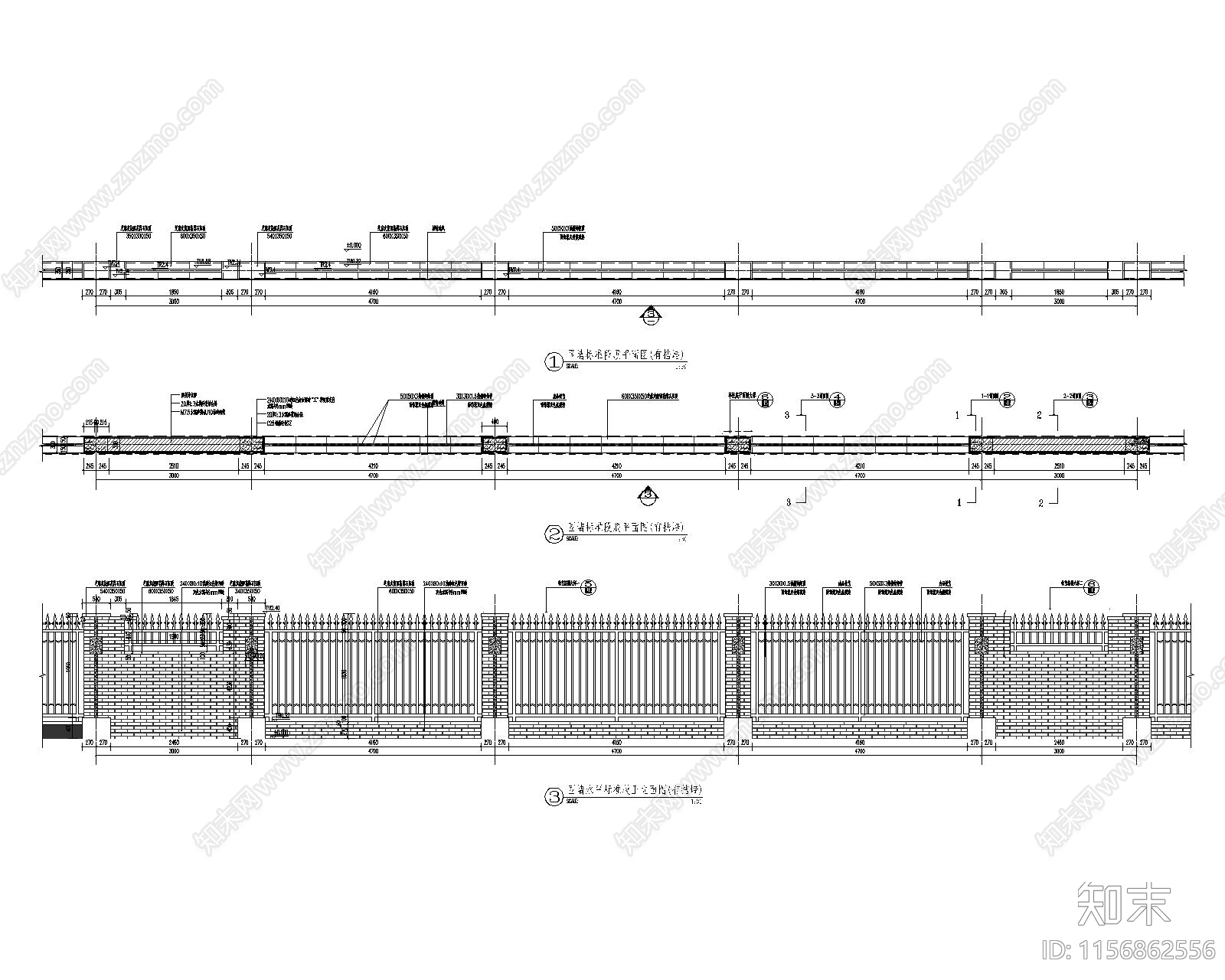 大学校园围墙标准段详图施工图下载【ID:1156862556】