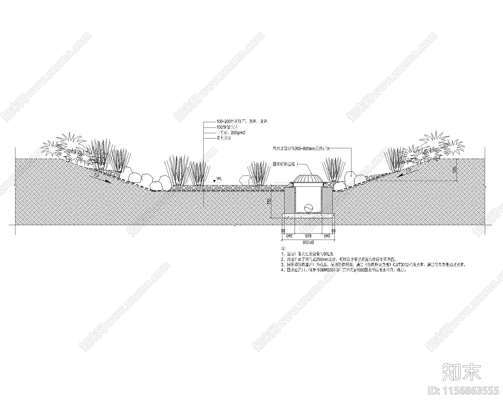 标准雨水花园及草沟给排水节点详图cad施工图下载【ID:1156863555】