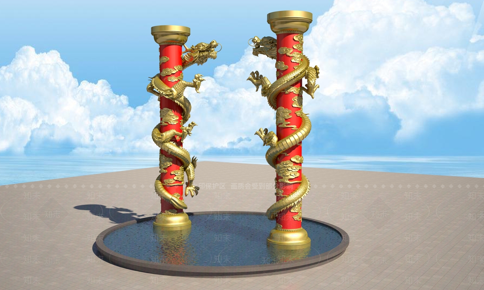 中式柱子3D模型渲染效果图
