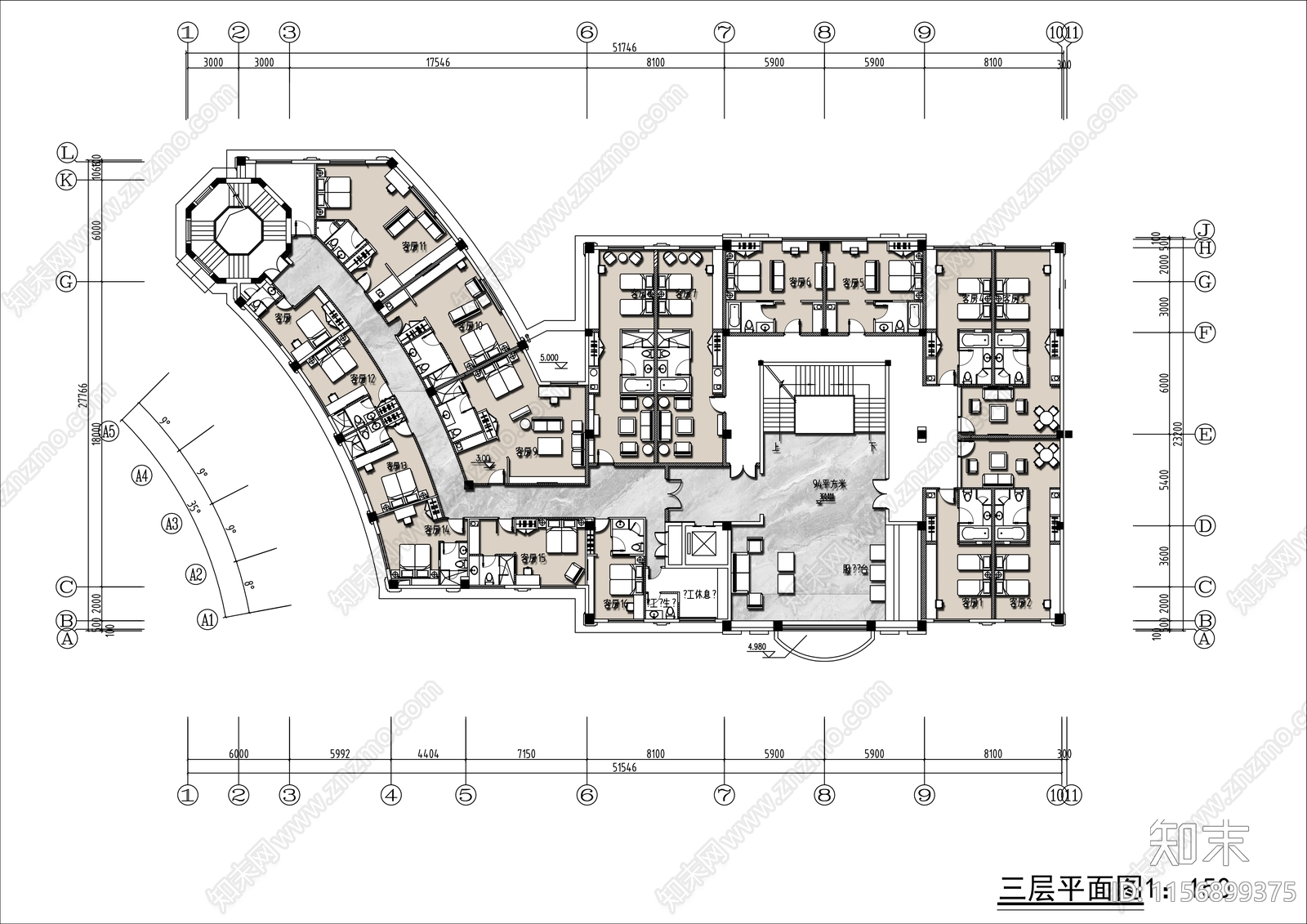 两层2000㎡宾馆客房平面布置图施工图下载【ID:1156899375】