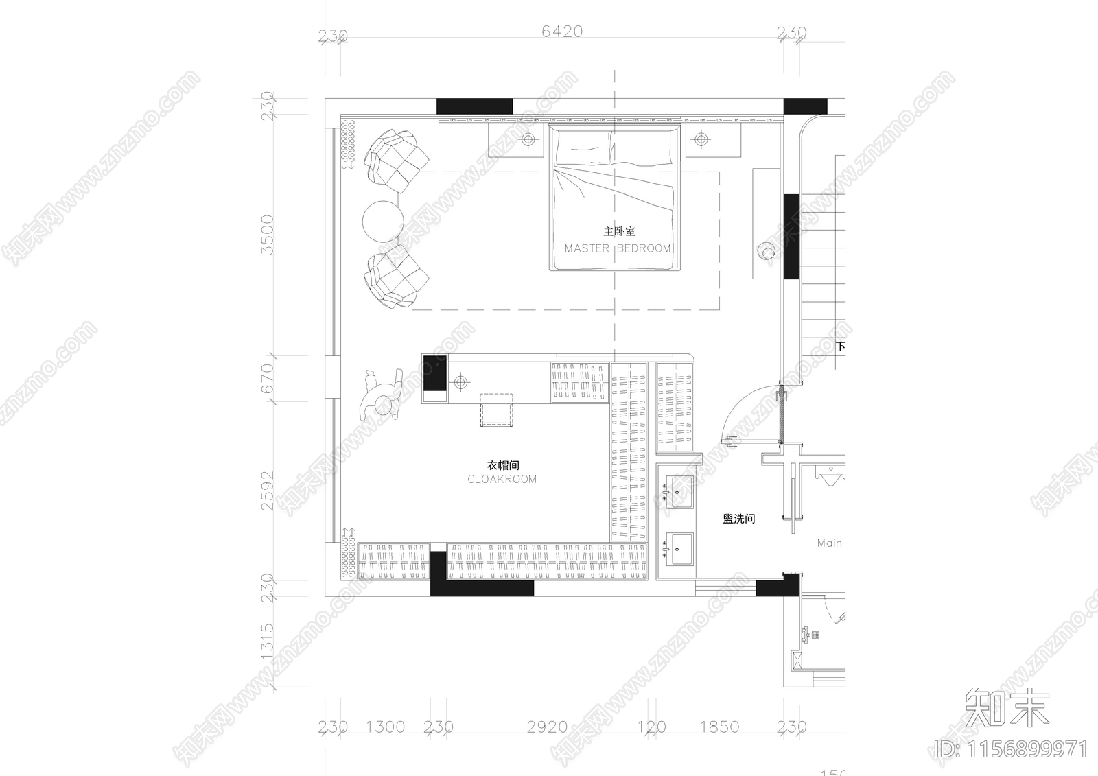 家居卧室cad施工图下载【ID:1156899971】