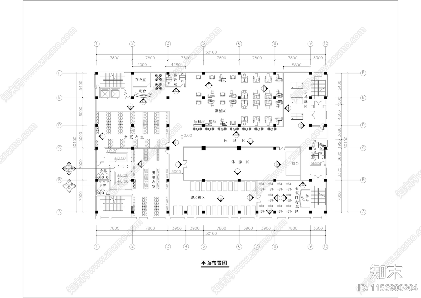 1650㎡健身房cad施工图下载【ID:1156900204】