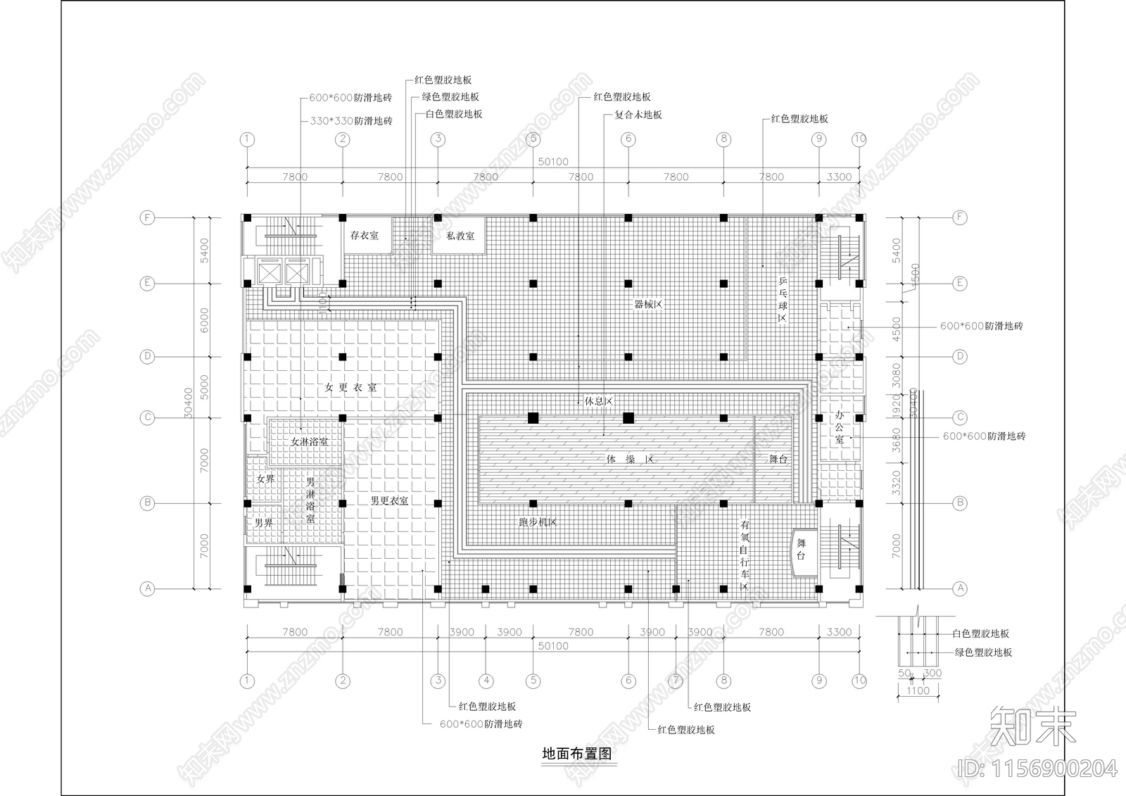 1650㎡健身房cad施工图下载【ID:1156900204】