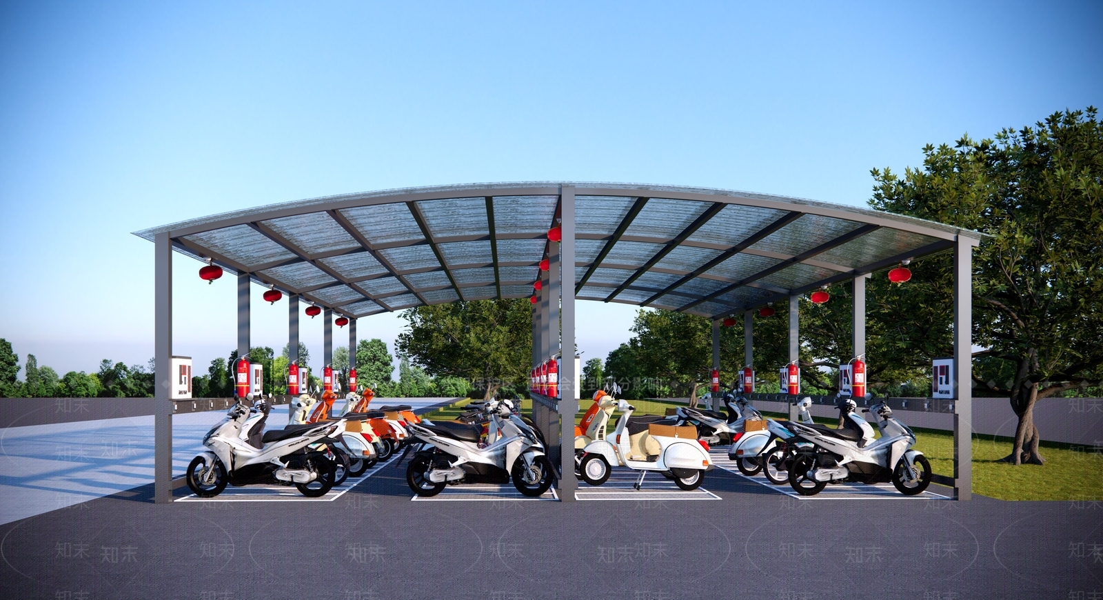 现代非机动车电动车自行车停车棚SU模型下载【ID:1156902192】
