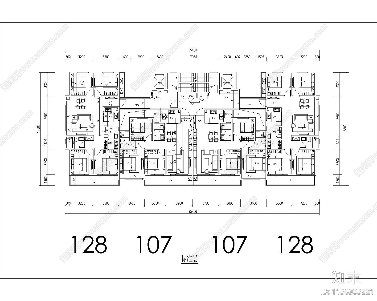 边厅一梯四户一类高层建筑平面图施工图下载【ID:1156903221】