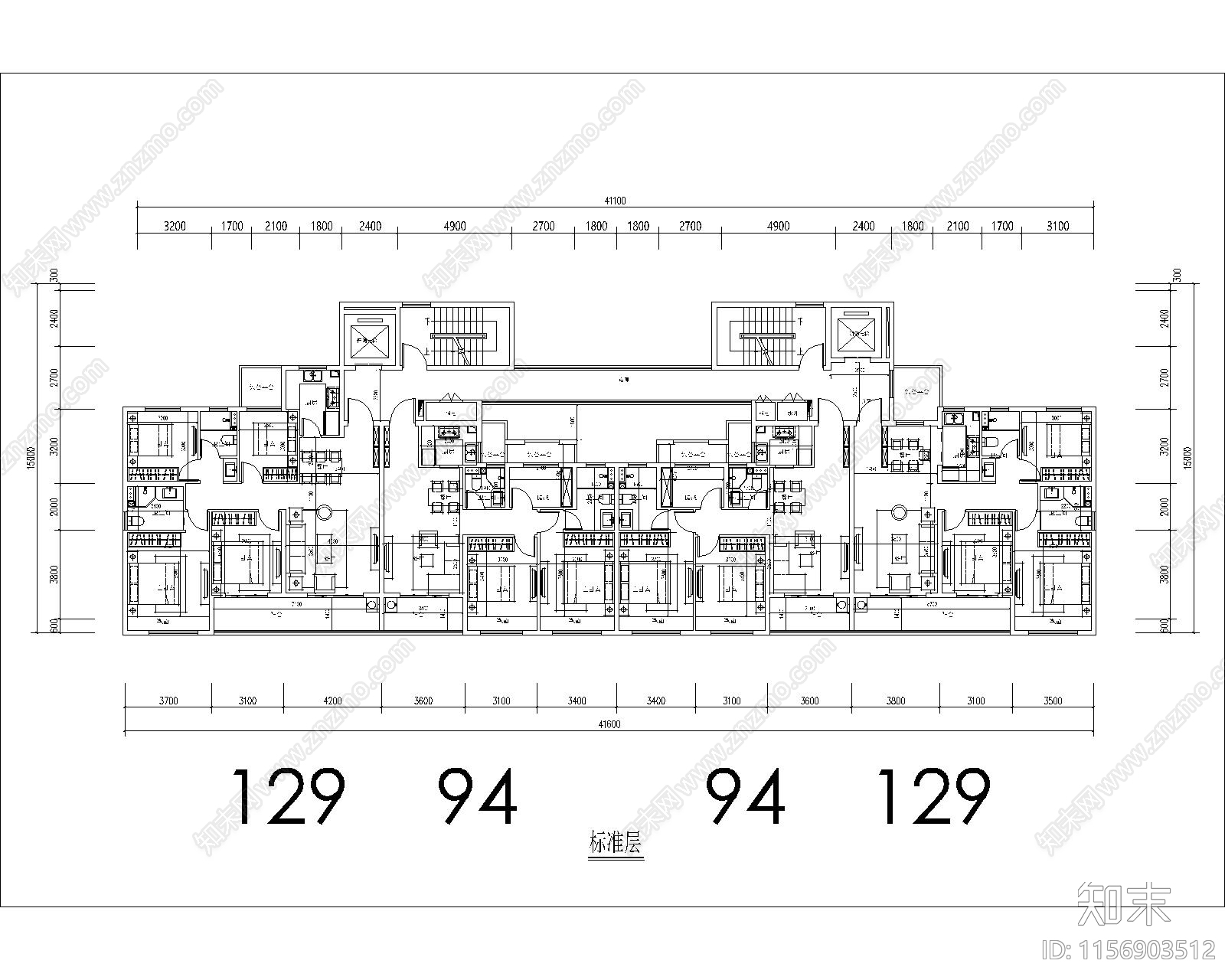 一梯四户一类高层建筑平面图施工图下载【ID:1156903512】