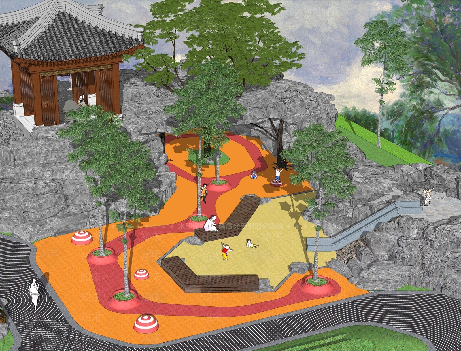 中式假山石洞儿童活动区SU模型下载【ID:1156915930】