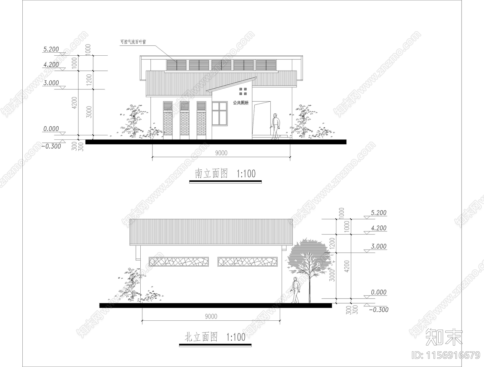 现代风格斜屋顶公厕建筑cad施工图下载【ID:1156916679】