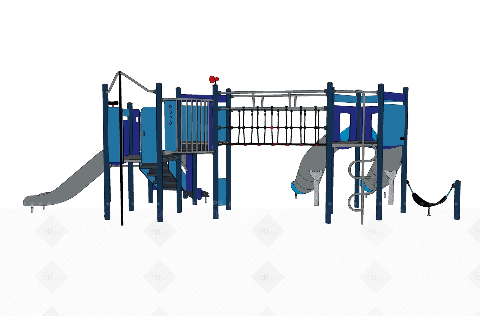 现代儿童蓝色款三道滑梯组合活动设施SU模型下载【ID:1156917705】