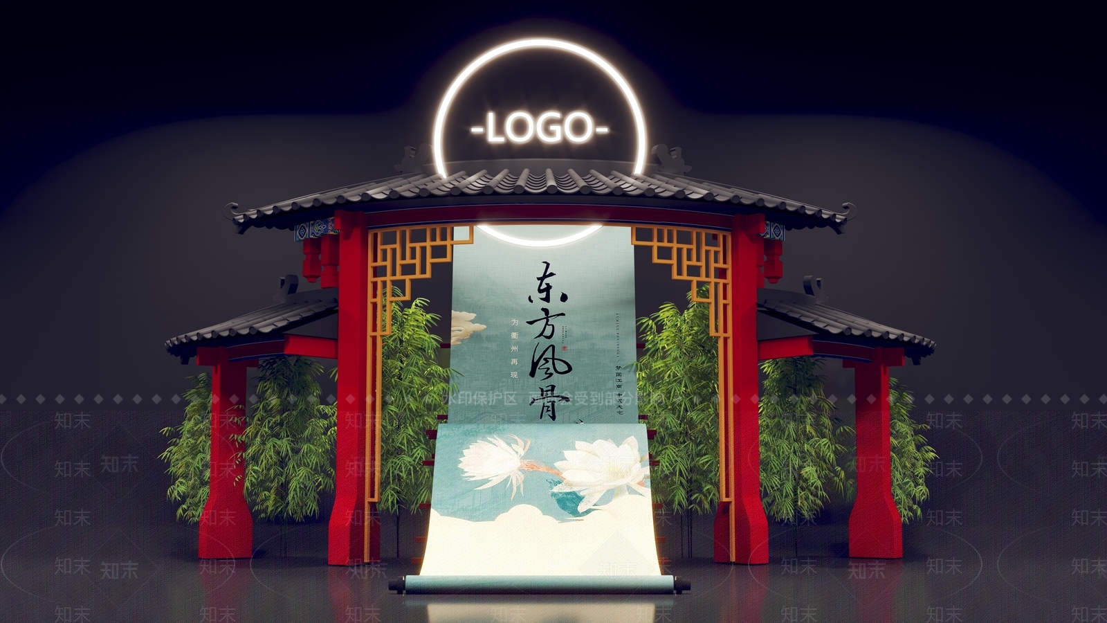 新中式门头大门卷轴竹子美陈SU模型下载【ID:1156926246】