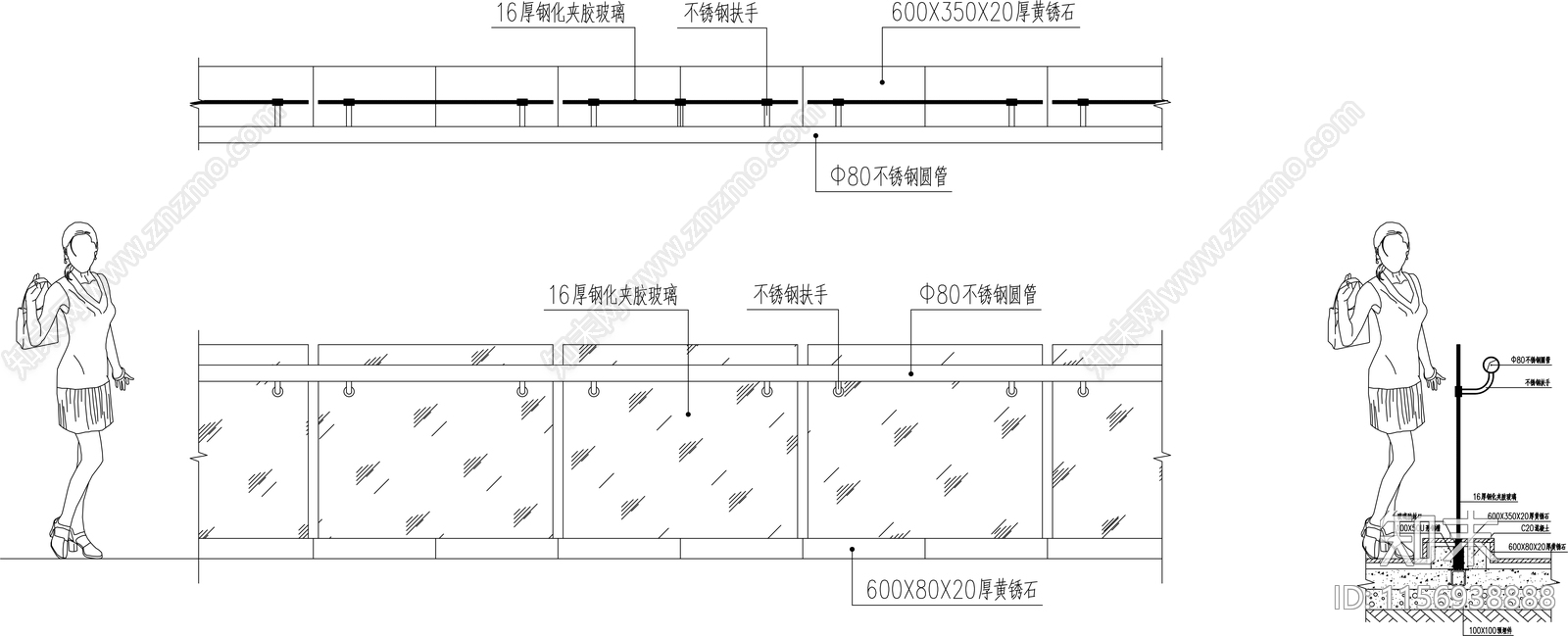 玻璃栏杆cad施工图下载【ID:1156938888】