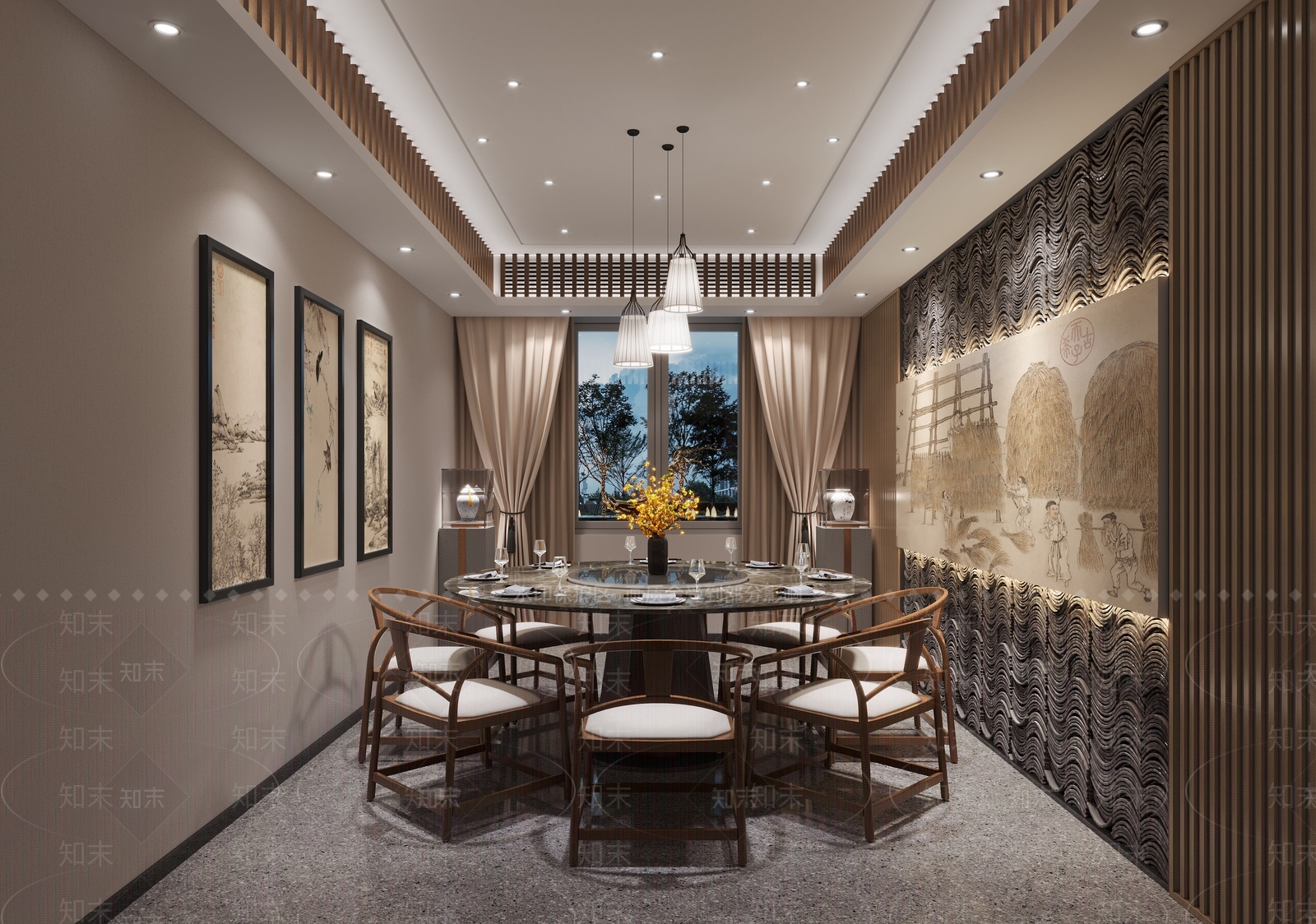 新中式餐厅包间SU模型下载【ID:1156963456】
