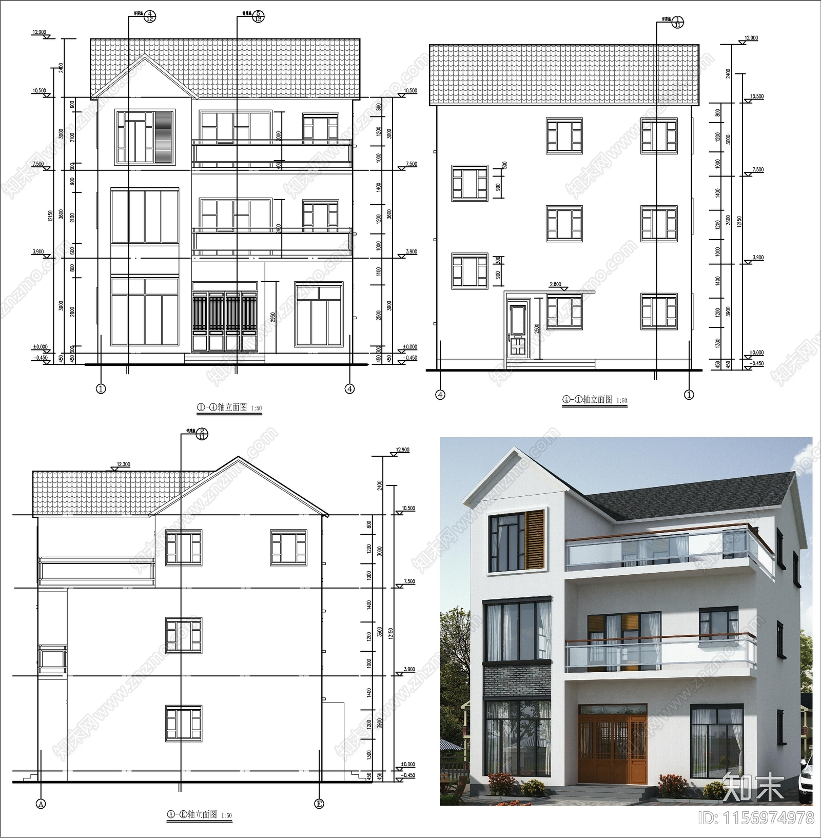 新中式三层自建房cad施工图下载【ID:1156974978】