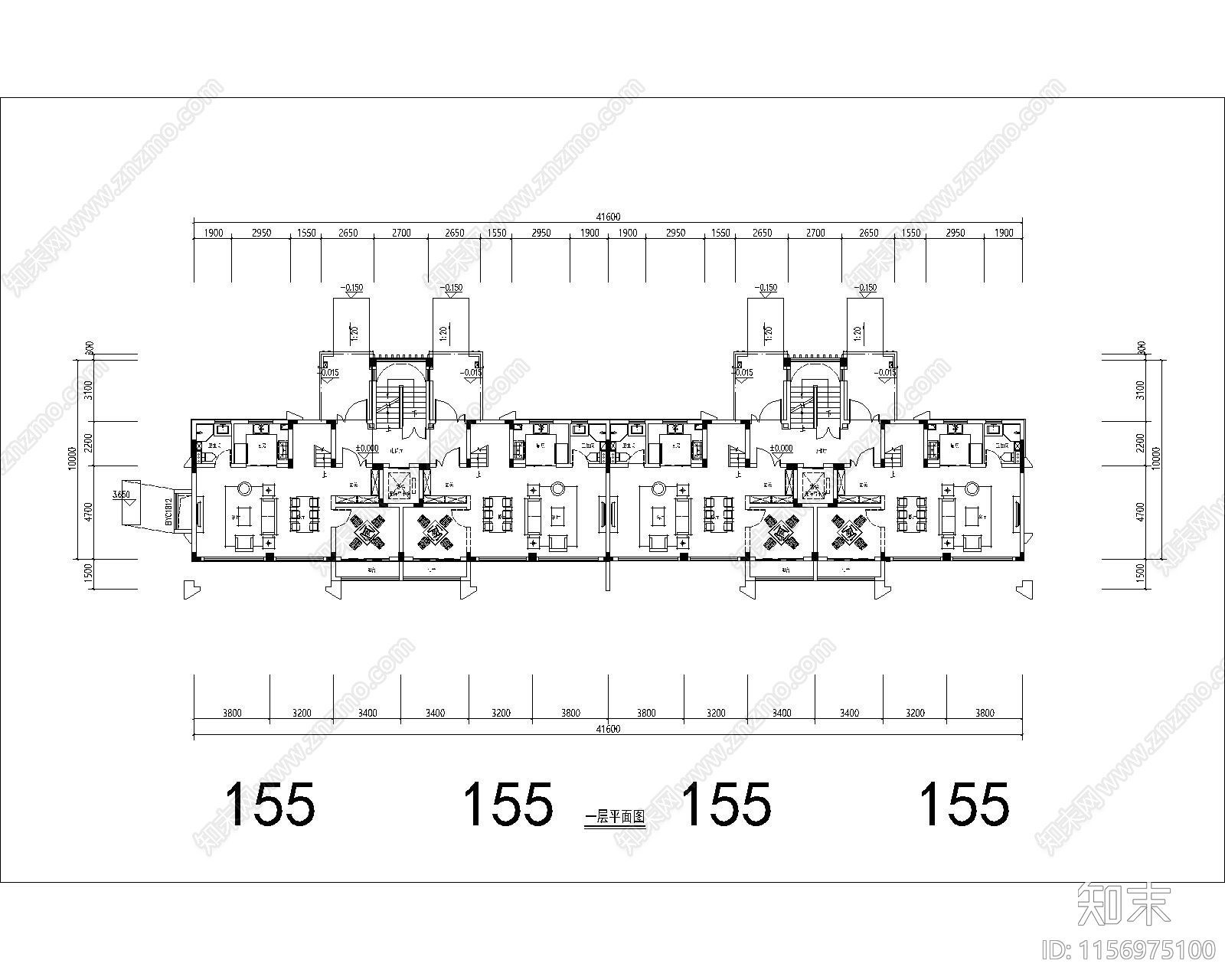 三面宽4层叠墅建筑平面图施工图下载【ID:1156975100】