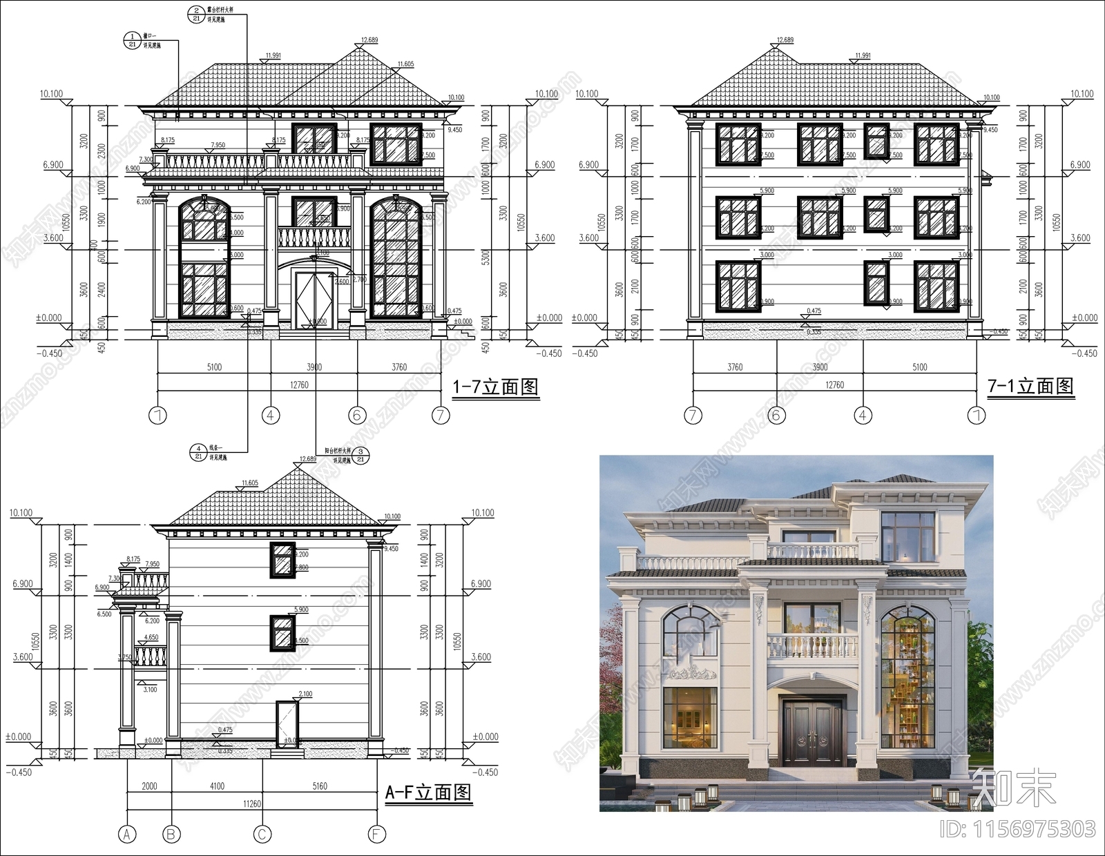 欧式三层自建房cad施工图下载【ID:1156975303】