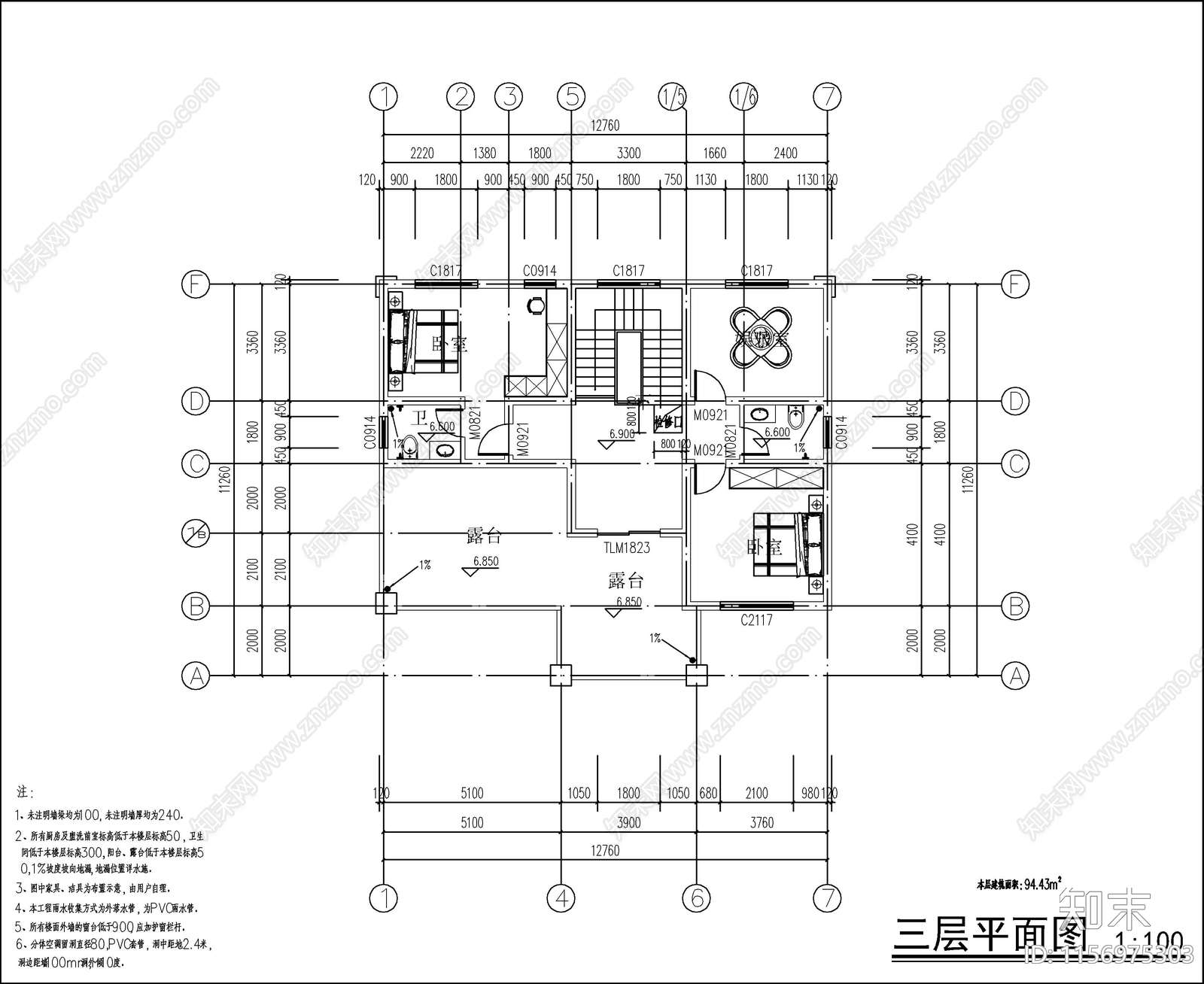 欧式三层自建房cad施工图下载【ID:1156975303】