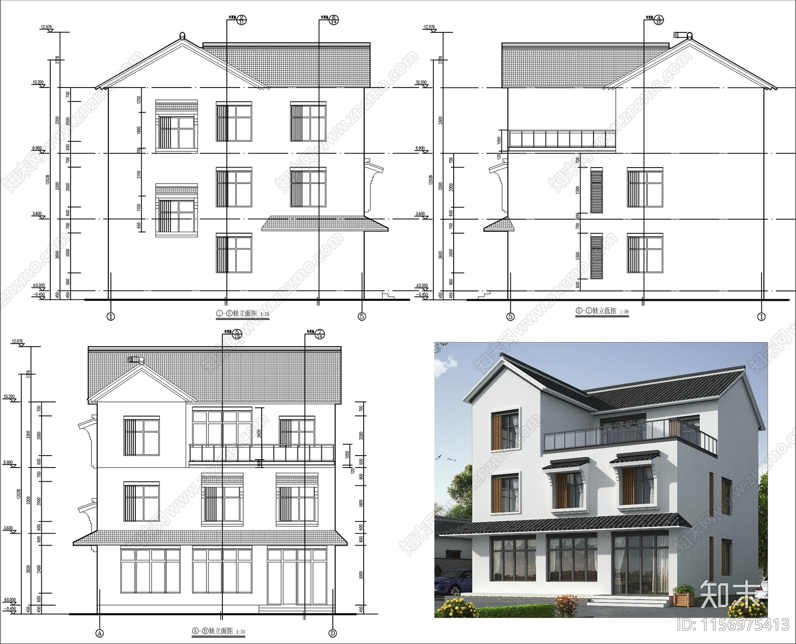 新中式三层自建房cad施工图下载【ID:1156975413】