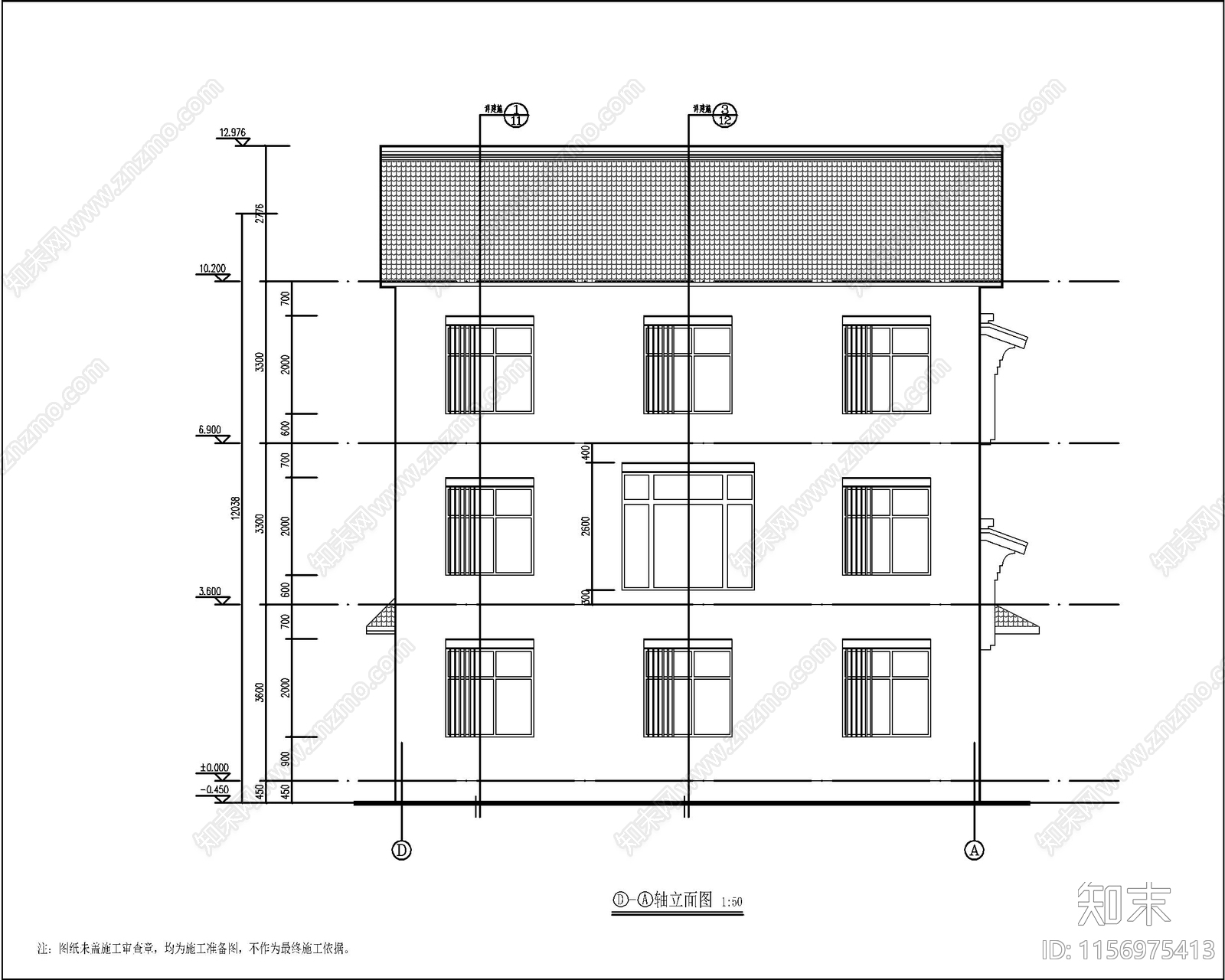 新中式三层自建房cad施工图下载【ID:1156975413】