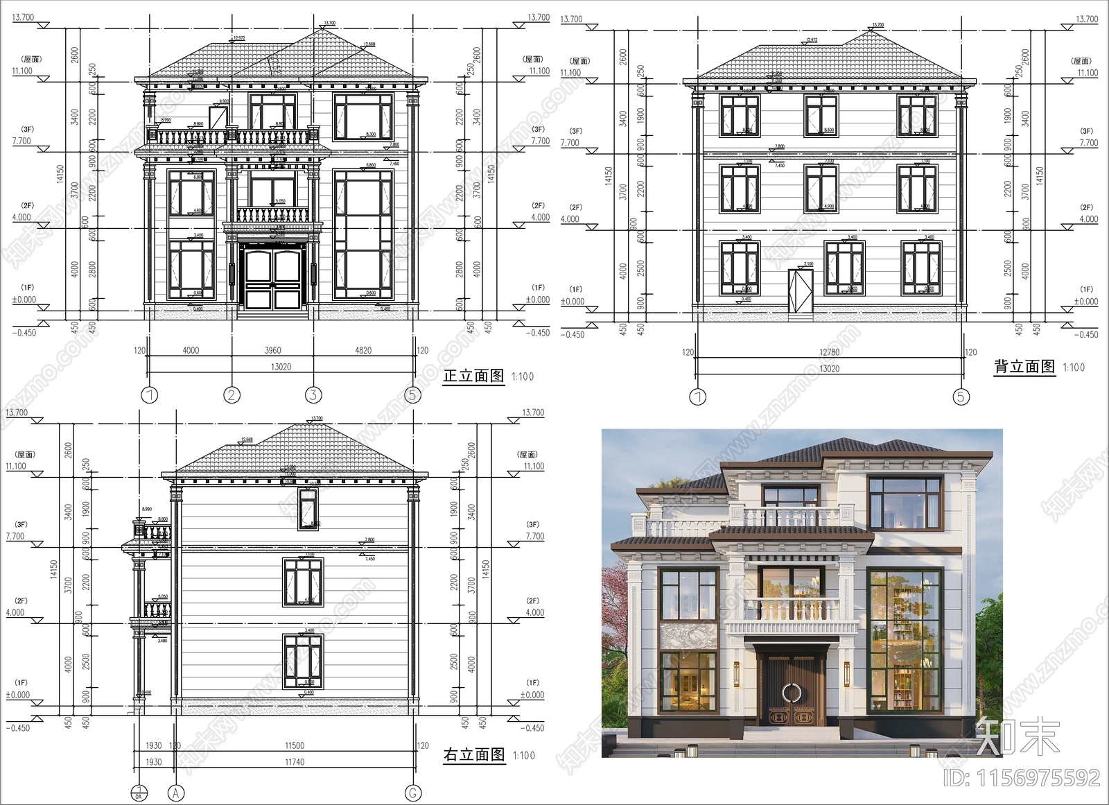 新中式三层自建房cad施工图下载【ID:1156975592】