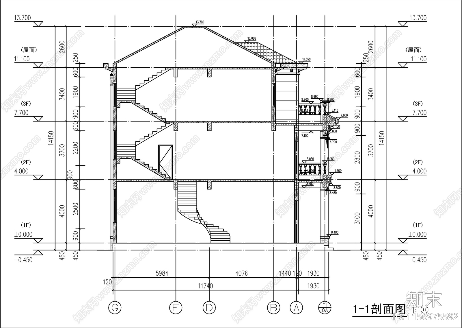 新中式三层自建房cad施工图下载【ID:1156975592】