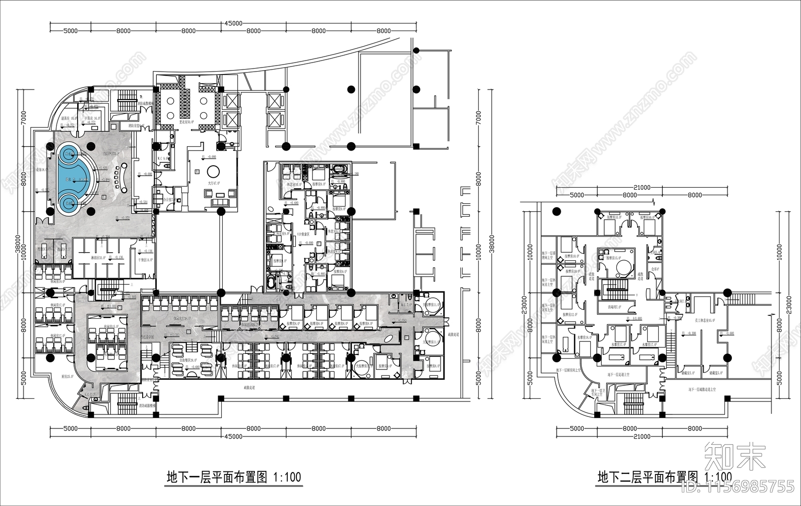 2000㎡酒店SPA足浴会所平面布置图施工图下载【ID:1156985755】