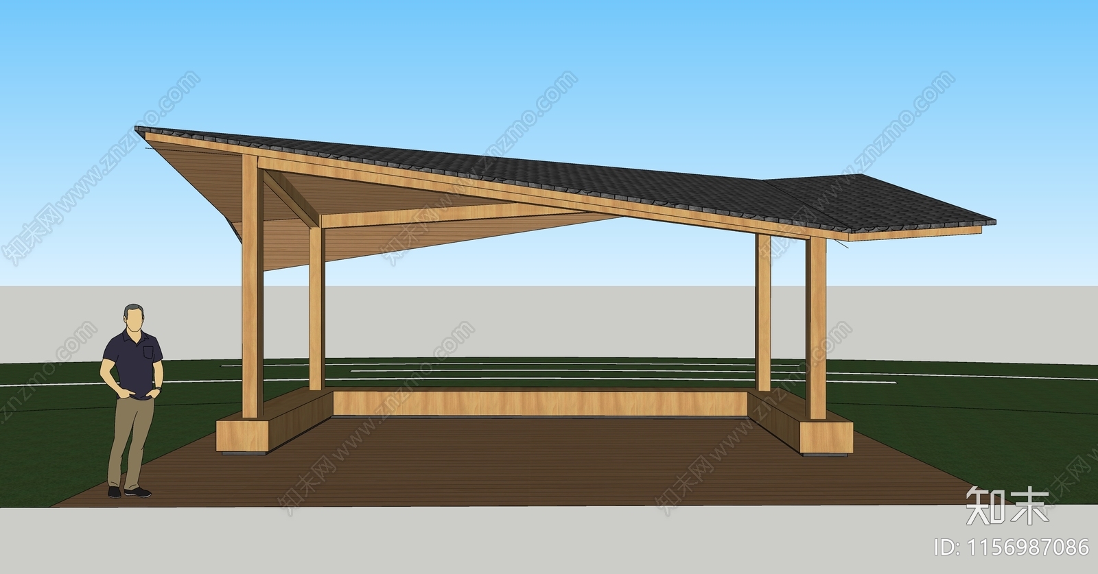 现代简易木质折面屋顶休闲亭廊架小驿站SU模型下载【ID:1156987086】