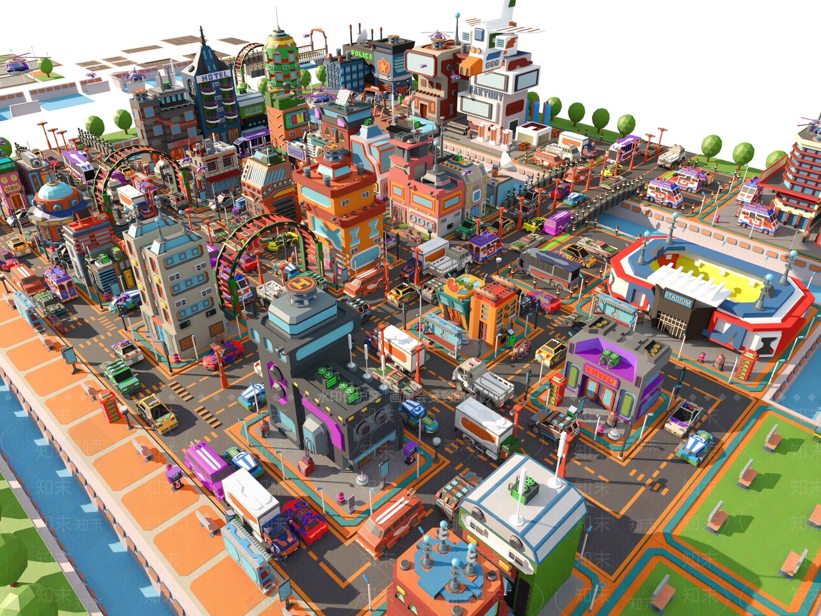 现代科幻城市卡通3D模型下载【ID:1156994497】