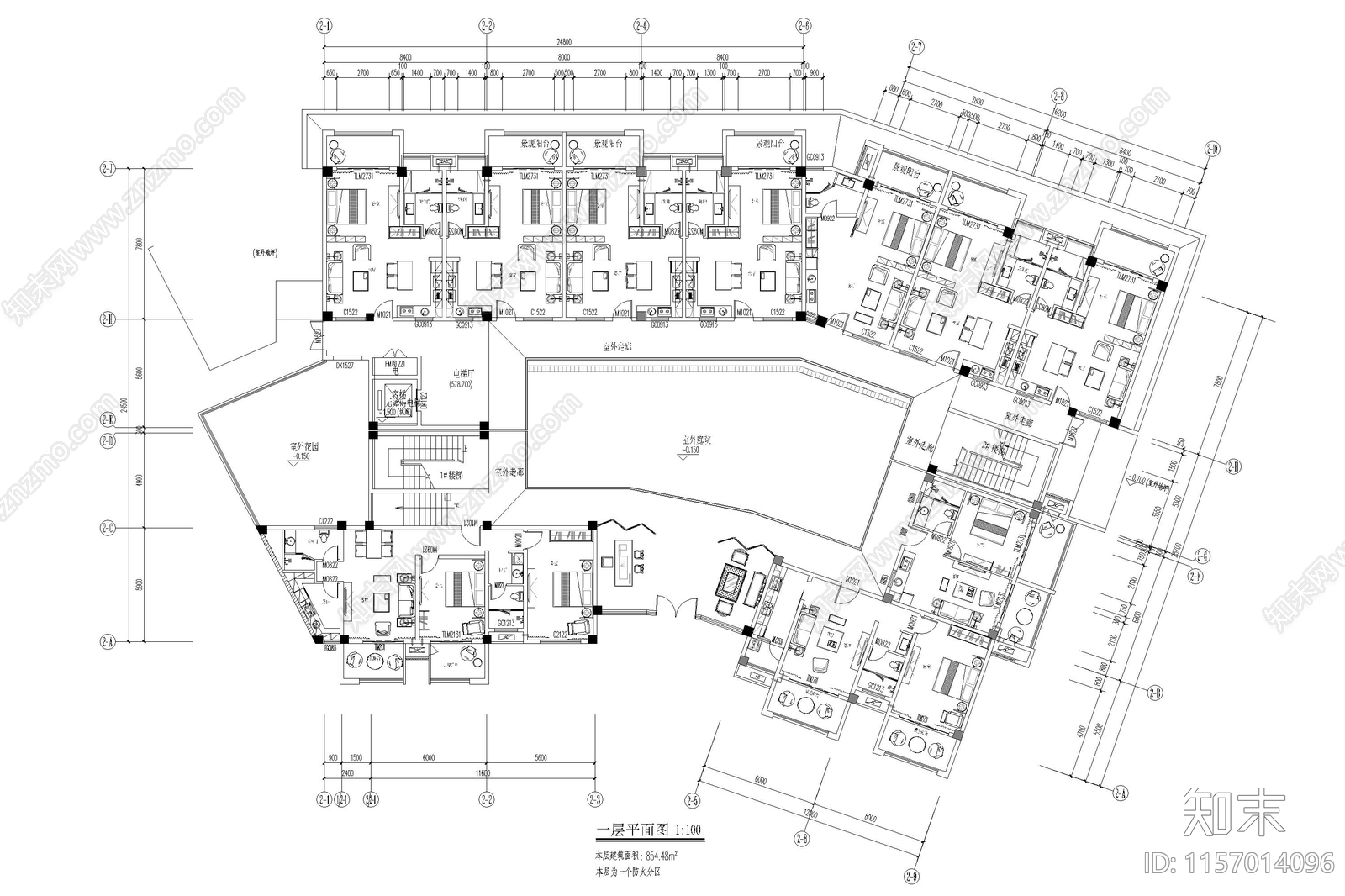 养生酒店平面cad施工图下载【ID:1157014096】